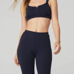 Alo Yoga Pinstripe Jacquard Captivate Bra in True Navy/Black - women