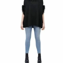 Love Token Gillian Faux Fur Trim Sleeveless Shirt Poncho in Black - women