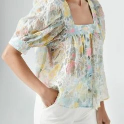 Smythe Button Front Square Neck Blouse In Pastel Floral - women