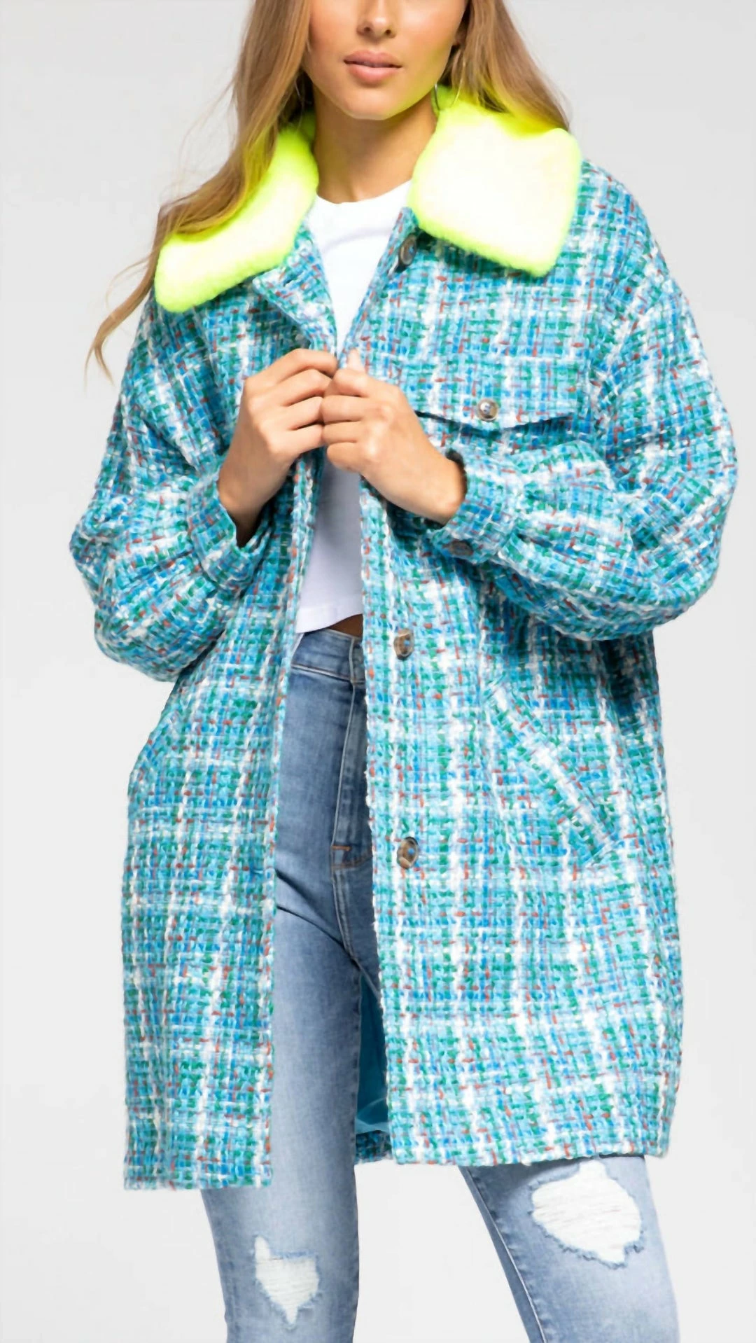 Essentiel Antwerp Zorm2 Fake Fur Collar Coat in Combo2 Denim Blue - women 3 Essentiel Antwerp Zorm2 Fake Fur Collar Coat in Combo2 Denim Blue - women