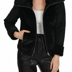 Love Token Eliza Faux Suede/Fur Zippered Jacket in Black - women